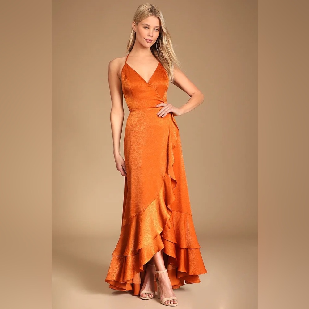 Lulu’s “In Love Forever” Rust Orange Satin Lace-up High- Low Maxi Dress